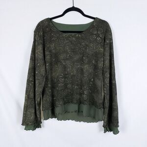 Columbia Fairy Grunge Top Womens XL Green Floral Mesh Lettuce Hem Forest